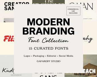 May include: A digital font collection display featuring the text MODERN BRANDING Font Collection 15 CURATED FONTS Logos Packaging Editorial Social Media GAFAROFF STUDIO and a box stating COMMERCIAL USE INCLUDED with various font samples.