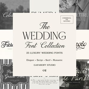 Op de afbeelding: Een digitale grafische weergave met de tekst The WEDDING Font Collection, 25 LUXURY WEDDING FONTS, Elegant Script Serif Romantic, GAFAROFF STUDIO, en een kader met COMMERCIAL USE INCLUDED, omringd door diverse voorbeelden van letterstijlen.