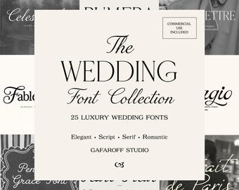 May include: A digital graphic display featuring the text The WEDDING Font Collection, 25 LUXURY WEDDING FONTS, Elegant Script Serif Romantic, GAFAROFF STUDIO, and a box stating COMMERCIAL USE INCLUDED, surrounded by various font style examples.