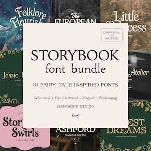 以下が含まれることがあります： STORYBOOK font bundle、10 FAIRY-TALE INSPIRED FONTS、Whimsical、Hand-lettered、Magical、Enchanting、GAFAROFF STUDIO、COMMERCIAL USE INCLUDEDというテキストが記載されたデジタルフォントバンドルのグラフィックで、様々なフォントサンプルのコラージュの上に表示されています。