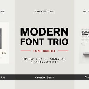 Könnte beinhalten: Ein digitales Schriftarten-Paket mit dem Titel Modern Font Trio von Gafaroff Studio, das drei Schriftarten enthält: Apertura, Creator Sans und Kindly Hand. Die Grafik zeigt Textbeispiele, ein Skulpturenbild und architektonische Layouts in Schwarz-Weiß.