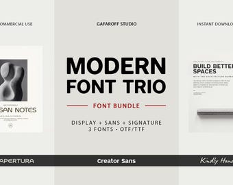 May include: A digital font bundle titled Modern Font Trio by Gafaroff Studio, featuring three typefaces: Apertura, Creator Sans, and Kindly Hand. The graphic includes text displays, a sculpture image, and architectural layout examples in black and white.