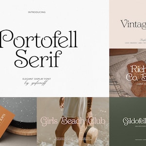 May include: A digital display font presentation titled Portofell Serif by gafaroff, featuring various typographic examples including Richter & Co. Bakery, Olivia Fiora, Girls Beach Club, and Gildofell Atelier, showcasing the typeface in multiple layouts.