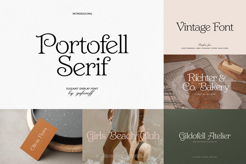 May include: A digital display font presentation titled Portofell Serif by gafaroff, featuring various typographic examples including Richter & Co. Bakery, Olivia Fiora, Girls Beach Club, and Gildofell Atelier, showcasing the typeface in multiple layouts.