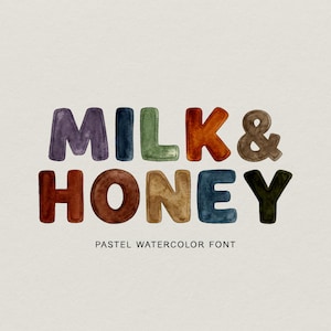 Puede incluir: Un diseño de acuarela con las palabras "MILK & HONEY" en letras coloridas y redondeadas. El texto "PASTEL WATERCOLOR FONT" está debajo. Las letras son en tonos de morado, azul, verde, naranja, marrón, beige y verde oscuro.