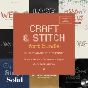 May include: A digital graphic display for a font bundle titled Craft & Stitch, featuring 10 handmade craft fonts. The central text is white on a terracotta background, listing Stitch, Weave, Decorative, and Playful styles by Gafaroff Studio.