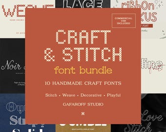 May include: A digital graphic display for a font bundle titled Craft & Stitch, featuring 10 handmade craft fonts. The central text is white on a terracotta background, listing Stitch, Weave, Decorative, and Playful styles by Gafaroff Studio.