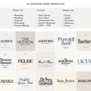 May include: A digital collection of 15 curated font products featuring serif and script styles. The image displays text headers for branding, wedding, and editorial use, listing compatibility with Canva, Adobe, Procreate, Silhouette, and Cricut.