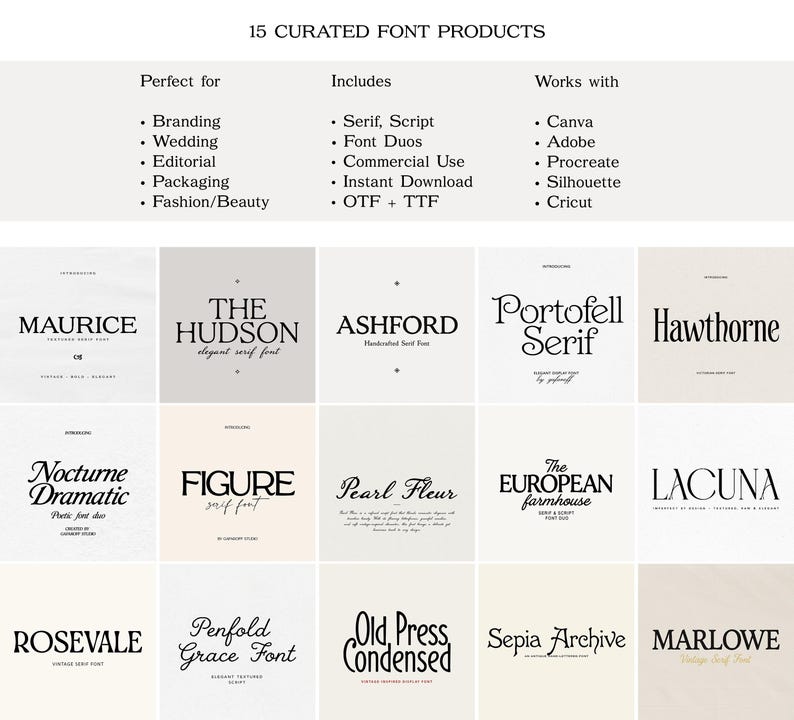 May include: A digital collection of 15 curated font products featuring serif and script styles. The image displays text headers for branding, wedding, and editorial use, listing compatibility with Canva, Adobe, Procreate, Silhouette, and Cricut.