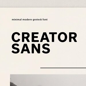 May include: A minimalist design featuring the words "CREATOR SANS" in bold, black, sans-serif font. Above the text is "minimal modern grotesk font." The name "gafaroff studio" is printed vertically on the left side.