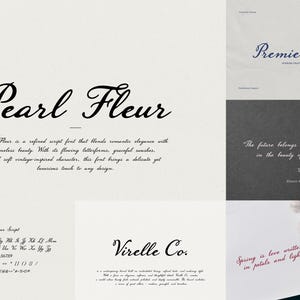 May include: A digital font specimen sheet displaying the Pearl Fleur script typeface. The layout includes the font name, descriptive text, a full character set with numbers and symbols, and sample phrases like Premier Film and Virelle Co.