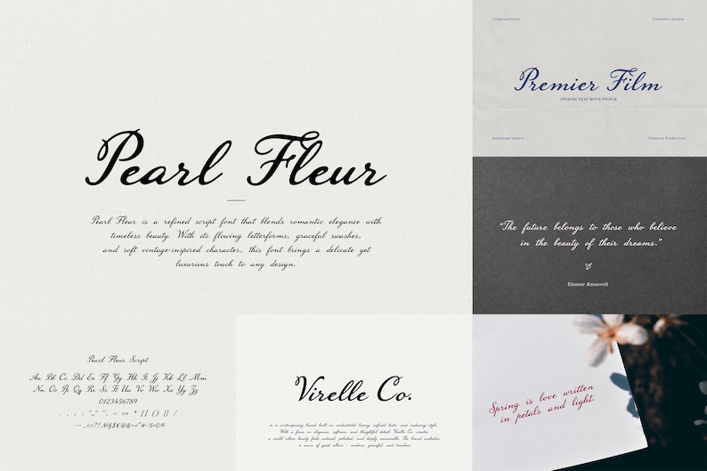 May include: A digital font specimen sheet displaying the Pearl Fleur script typeface. The layout includes the font name, descriptive text, a full character set with numbers and symbols, and sample phrases like Premier Film and Virelle Co.