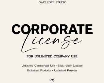 May include: A digital document titled GAFAROFF STUDIO CORPORATE License FOR UNLIMITED COMPANY USE. The text includes Unlimited Commercial Use, Multi-User License, Unlimited Products, and Unlimited Projects, with a small logo at the bottom.