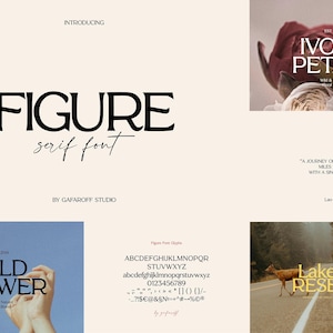 May include: A digital presentation of the Figure serif font by Gafaroff Studio, featuring uppercase and lowercase letters, numbers, and symbols. The layout includes examples of the font used in text overlays on floral, nature, and landscape imagery.