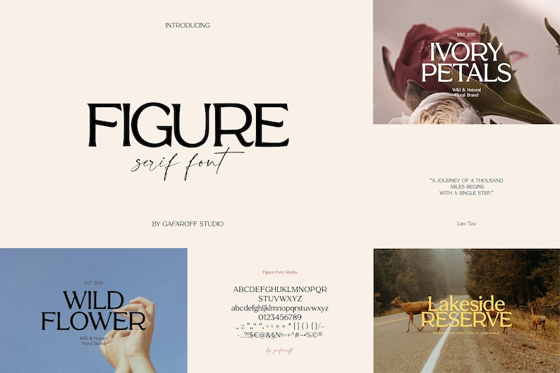 May include: A digital presentation of the Figure serif font by Gafaroff Studio, featuring uppercase and lowercase letters, numbers, and symbols. The layout includes examples of the font used in text overlays on floral, nature, and landscape imagery.
