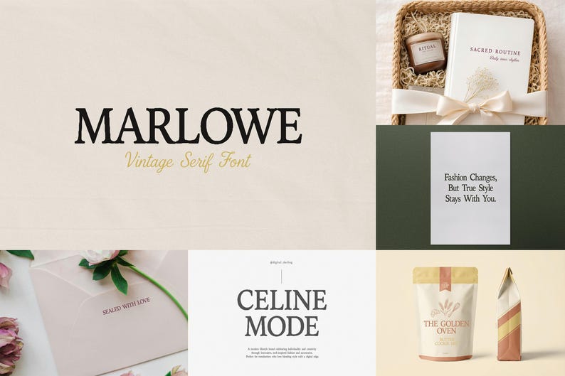 May include: A digital display showcasing typography samples including the text Marlowe Vintage Serif Font, Celine Mode, and Fashion Changes, But True Style Stays With You, alongside product mockups featuring a gift basket, envelope, and food bag.