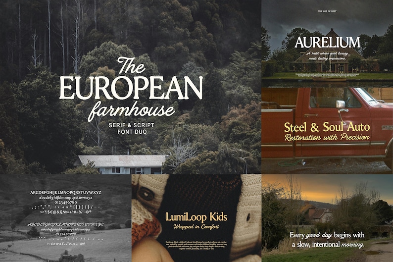 May include: A digital collage featuring various typography designs. Text includes The European Farmhouse Serif & Script Font Duo, Aurelium, Steel & Soul Auto Restoration with Precision, LumiLoop Kids Wrapped in Comfort, and Every good day begins with a slow, intentional morning.