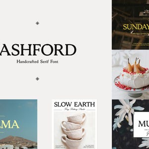 May include: A digital display showcasing the Ashford Handcrafted Serif Font alongside various design examples including a restaurant menu, a pear cake recipe, a landscape scene with the text Palma, a pottery studio advertisement, and a floral graphic.