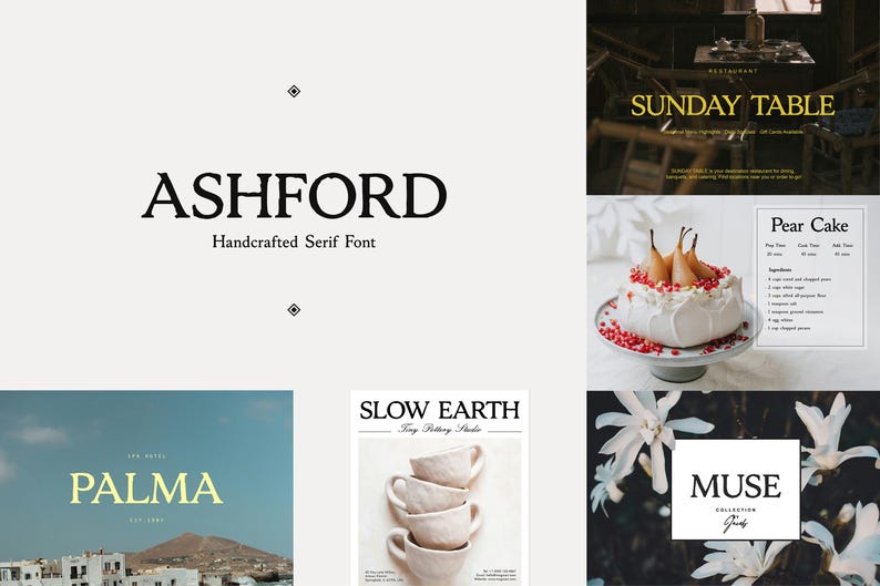 May include: A digital display showcasing the Ashford Handcrafted Serif Font alongside various design examples including a restaurant menu, a pear cake recipe, a landscape scene with the text Palma, a pottery studio advertisement, and a floral graphic.