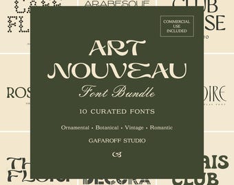 May include: A digital graphic display for an Art Nouveau Font Bundle by Gafaroff Studio. The dark green square features white text reading Art Nouveau Font Bundle, 10 Curated Fonts, Ornamental, Botanical, Vintage, Romantic, and Commercial Use Included.