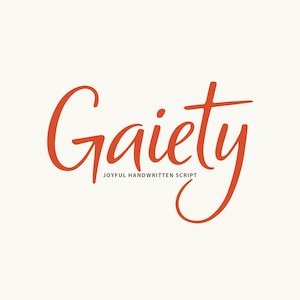 May include: The word "Gaiety" in a vibrant orange script font, with the tagline "Joyful Handwritten Script" below. The text is set against a soft, off-white background, creating a clean and inviting design.