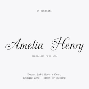 Puede incluir: Un diseño minimalista con las palabras "Amelia Henry" en una elegante fuente de escritura, con el texto "Signature Font Duo" debajo. La palabra "INTRODUCING" está en la parte superior. El texto inferior dice "Elegant Script Meets a Clean, Readable Serif - Perfect for Branding."