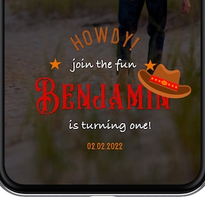 Lente per festa di compleanno da cowboy, filtro Snapchat per il primo compleanno del ragazzo, chat istantanea per compleanno del selvaggio West da cowboy, cowboy da rodeo occidentale che compie un anno