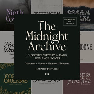 Puede incluir: Una colección digital titulada The Midnight Archive que presenta 10 fuentes góticas, de brujería y romance oscuro. El gráfico cuadrado negro incluye el texto Commercial Use Included, Victorian, Occult, Haunted, Editorial y Gafaroff Studio.