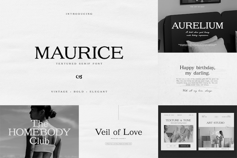 May include: A digital display showcasing the Maurice textured serif font, featuring various typographic examples including the words Maurice, Aurelium, Happy birthday, my darling, The Homebody Club, Veil of Love, Texture & Tone, and Art Studio.