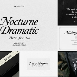 May include: A digital display showcasing the Nocturne Dramatic poetic font duo by Gafaroff Studio, featuring various typographic examples including Midnight Melt, Ivory Frame, and Velvet Roast, with black and white text layouts and branding.