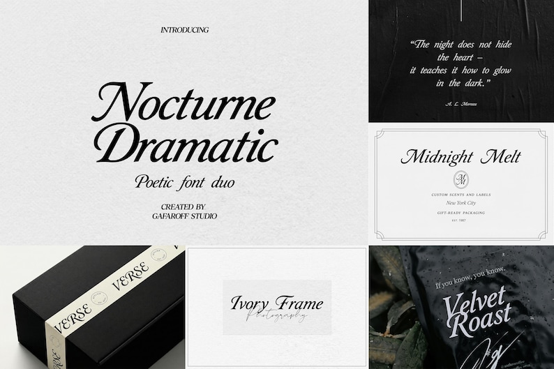 May include: A digital display showcasing the Nocturne Dramatic poetic font duo by Gafaroff Studio, featuring various typographic examples including Midnight Melt, Ivory Frame, and Velvet Roast, with black and white text layouts and branding.