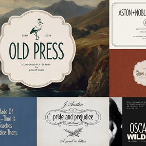 May include: A digital display showcasing various typographic designs and font samples. It features the text OLD PRESS, ASTON+NOBLE ARCHITECTS, Glow Atelier, pride and prejudice, and OSCAR WILDE, alongside quotes and illustrations of a stork and a quill pen.