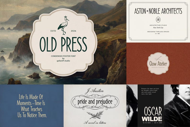 May include: A digital display showcasing various typographic designs and font samples. It features the text OLD PRESS, ASTON+NOBLE ARCHITECTS, Glow Atelier, pride and prejudice, and OSCAR WILDE, alongside quotes and illustrations of a stork and a quill pen.