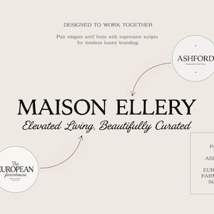 May include: A graphic design layout featuring the text MAISON ELLERY Elevated Living, Beautifully Curated. It includes two circular callouts pointing to the text, identifying the fonts as ASHFORD and The EUROPEAN FARMHOUSE, with a box labeled Pair 03.