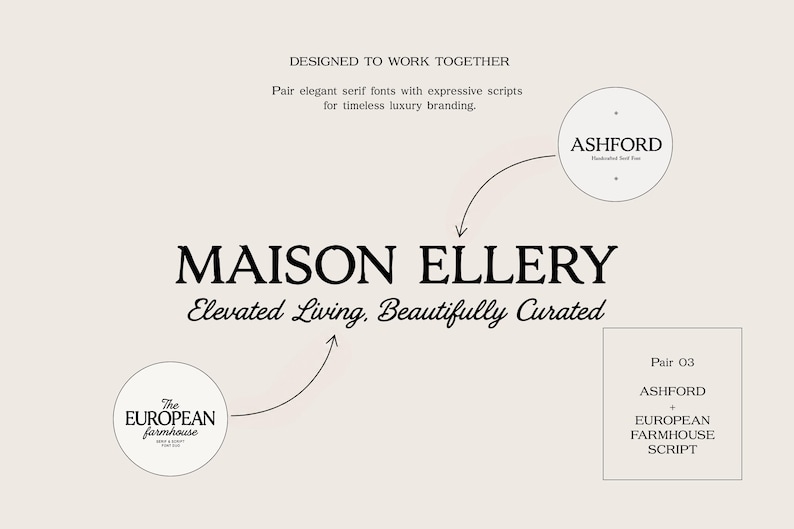 May include: A graphic design layout featuring the text MAISON ELLERY Elevated Living, Beautifully Curated. It includes two circular callouts pointing to the text, identifying the fonts as ASHFORD and The EUROPEAN FARMHOUSE, with a box labeled Pair 03.