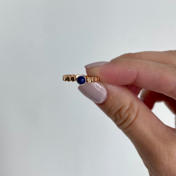 Royal Blue Lapis Lazuli Cabochon Ring, 14K Gold Fill Beaded Band, Flat Bead Stone Statement Ring