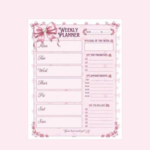 Peut inclure: Une feuille de planning hebdomadaire rose pâle avec un grand nœud décoratif dans le coin supérieur gauche. La mise en page comprend des sections pour les jours de la semaine, l'objectif, les priorités, les rendez-vous et une liste de tâches.