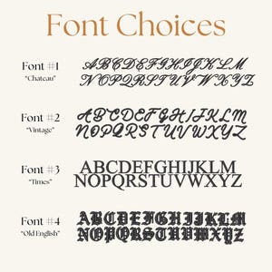 May include: Image displaying font choices with the title "Font Choices" in a serif font. Four font styles are shown: "Chateau", a cursive font; "Vintage", a flowing script; "Times", a standard serif; and "Old English", a gothic font.