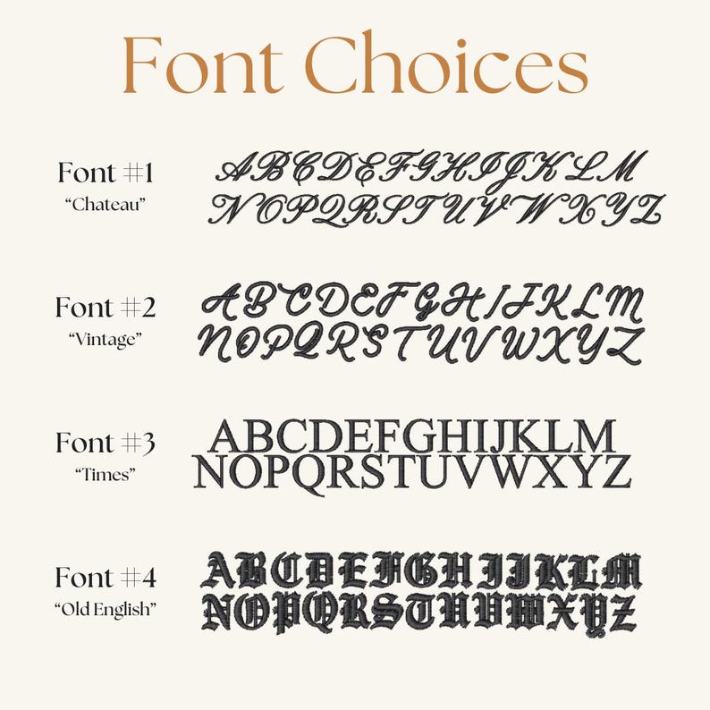 May include: Image displaying font choices with the title "Font Choices" in a serif font. Four font styles are shown: "Chateau", a cursive font; "Vintage", a flowing script; "Times", a standard serif; and "Old English", a gothic font.