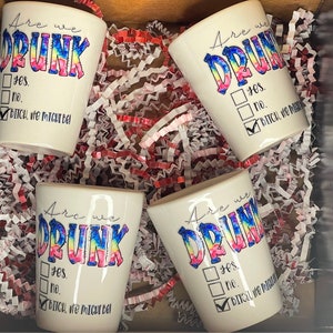 Custom “Are we drunk yet” shot glass set (set of 4)