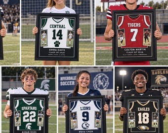 May include: A collection of seven framed sports jersey collages, each featuring a team name, player number, two action photos, a name, and a graduation year. The black frames display various team colors including navy, white, red, black, and green.