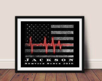 Personalized First Responder Thin Line Flag Art Print: EMS, EMT, Paramedic Gift