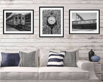 Hoboken New Jersey Art Print Set: vintage trein, klok en skyline - 6 uur levertijd