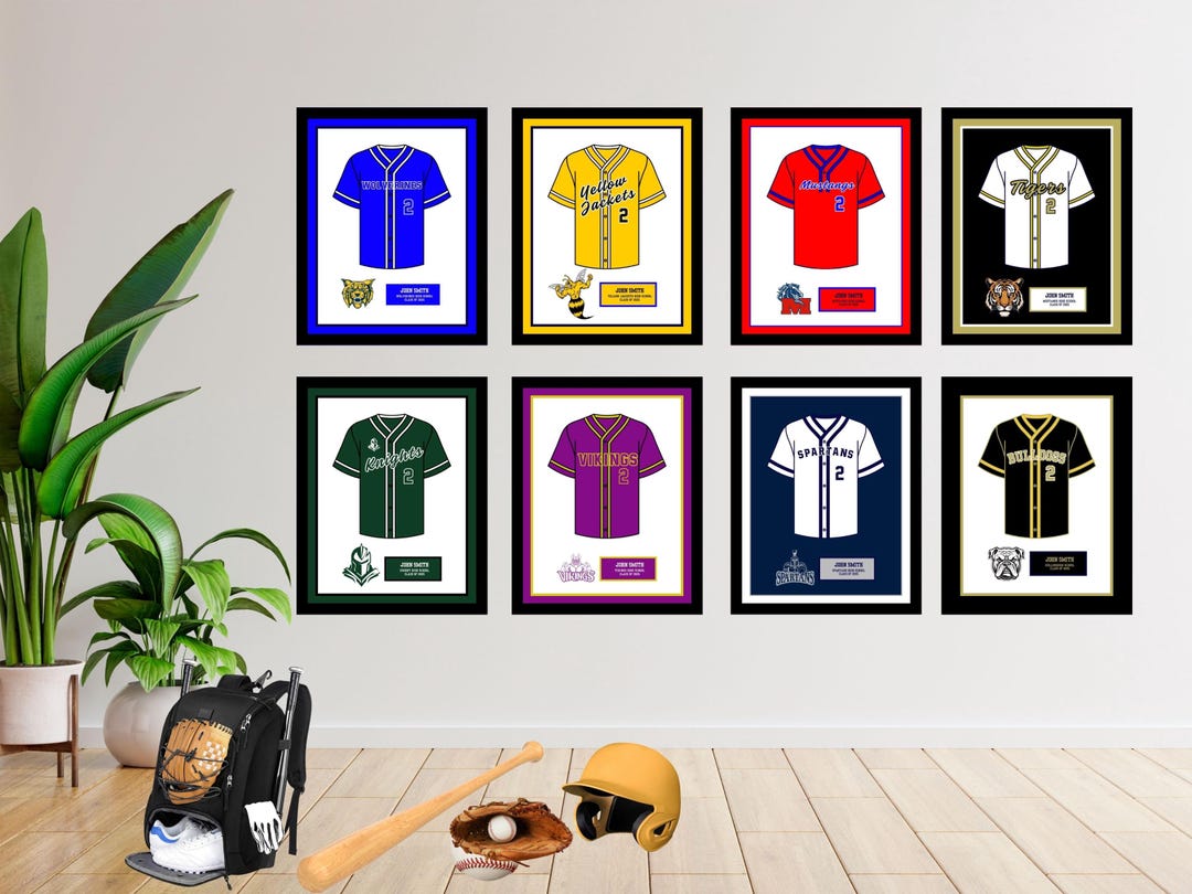 Close-up of framed softball jersey print senior night gift with school colors and logo