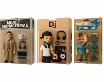 Può includere: Tre set di action figure in confezione. Una figura è un uomo in giacca e cravatta con l'etichetta "Middle-Managegman" con una tazza di caffè, cuffie e un laptop. Un altro è un DJ con cuffie e un mixer. Il terzo è un bambino con accessori.