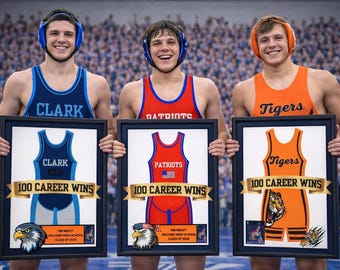 100 Career Win Wrestling Singlet Frame — Senior Night Milestone Gift