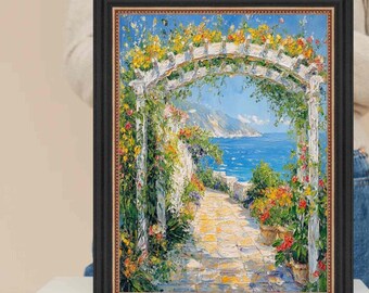 Può includere: Dipinto incorniciato raffigurante una scena costiera con un pergolato bianco adornato da fiori gialli e rosa. Un sentiero in pietra conduce al mare blu e alle montagne. Il dipinto è in una cornice nera.