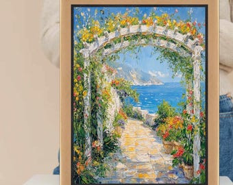 Può includere: Dipinto a olio incorniciato raffigurante una scena costiera con un pergolato bianco fiorito. Un sentiero in pietra conduce al mare, con fiori colorati in vasi e lungo i muri. La cornice è di colore oro.