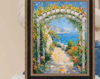 Può includere: Dipinto ad olio incorniciato raffigurante una scena costiera. Un pergolato bianco, adornato con fiori gialli e rossi, incornicia una vista sul mare blu e sulle montagne lontane. Il sentiero è fiancheggiato da fiori in vaso. La cornice è scura con un bordo interno dorato.