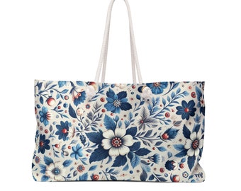 Oversized Weekender Bag, Floral Pattern Weekend Bag, Travel Bag, Blue Botanicals Tote Bag, Oversized Getaway Bag, Overnight Travel Gift